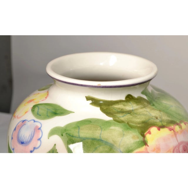 Light Green Vintage 1960s Mediterranean Hand Painted Glazed Flower Vase Rose Motif For Sale - Image 8 of 12