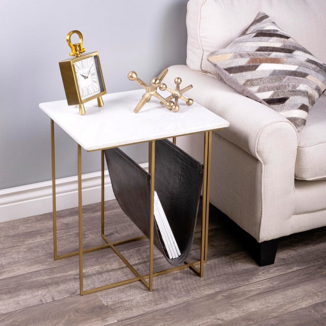 Contemporary Stephanik Marble & Leather Magazine Table, Off-White For Sale - Image 3 of 11