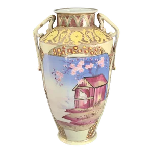 Antique Asian Japanese Imperial Nippon Hand Painted Floral Scenic Vase Blue Mark