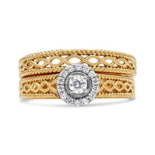 14K Yellow Gold Plated .925 Sterling Silver 1/5 Cttw Diamond Halo Engagement Ring and Wedding Band Set (I-J Color, I3 Clarity) - Size 12 For Sale - Image 4 of 6