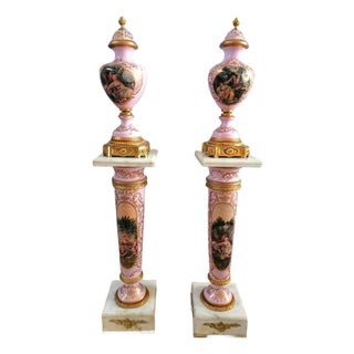 French-Style Pink Decorative Vase With Marble Pedestal – Scenic Artwork & Gold Leaf Details For Sale