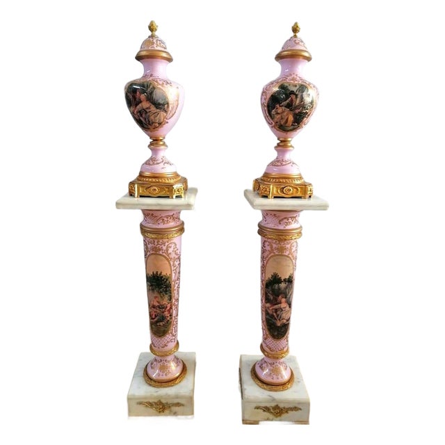French-Style Pink Decorative Vase With Marble Pedestal – Scenic Artwork & Gold Leaf Details For Sale