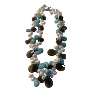 1960s Smoky Quartz, Pearls,aqua, Double Stran Necklace For Sale