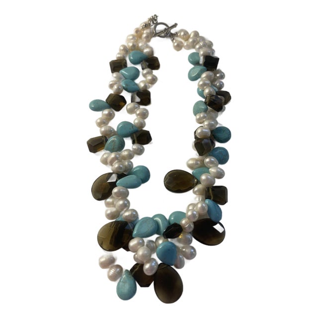 1960s Smoky Quartz, Pearls,aqua, Double Stran Necklace For Sale