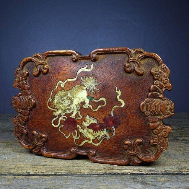 Brown Vintage Rosewood Tea Tray With Mother-of-Pearl Lion Inlay For Sale - Image 8 of 8