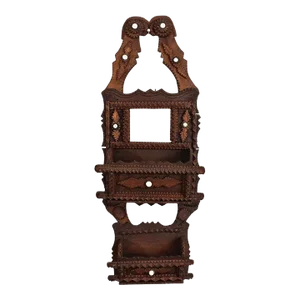 Antique Chip Carved Tramp Art Wall Rack With Porcelain Detailing
