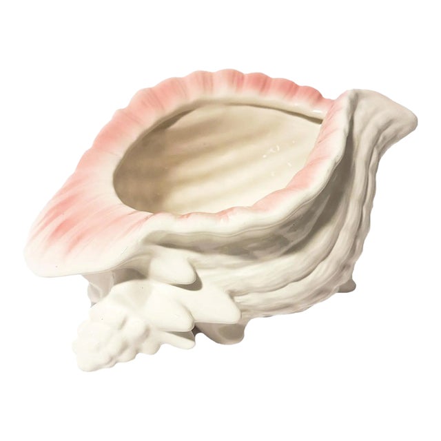Vintage Coastal Glazed Ceramic Conch Shell Cachepot Planter For Sale