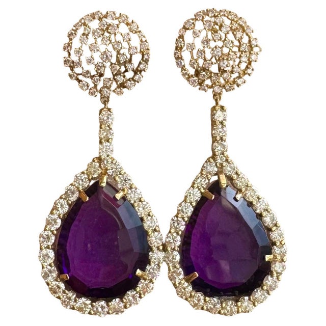 38 Carat Natural Amethyst & 9 Ct Diamond Cocktail Earring, 14 Karat Yellow Gold For Sale - Image 17 of 18