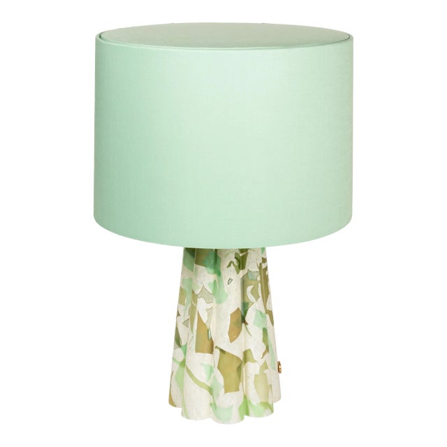Stories of Italy Green Nougat Scallop Bucket Lamp with Seafoam Green Lampshade For Sale