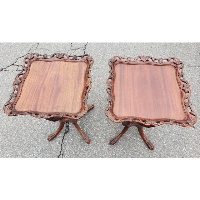 Traditional Pair of George III Style Carved Galleried Mahogany Quadpod Paw Feet Side Tables For Sale - Image 3 of 8