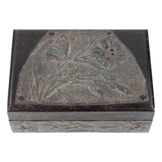 Decorated Wooden and Pewter Casket with Floral Relief, Early 20th Century For Sale