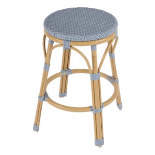 Tobias 24.5 in. Seat Height Outdoor Rattan and Metal Backless Counter Stool, Baby Blue/ Natural Rattan Frame For Sale