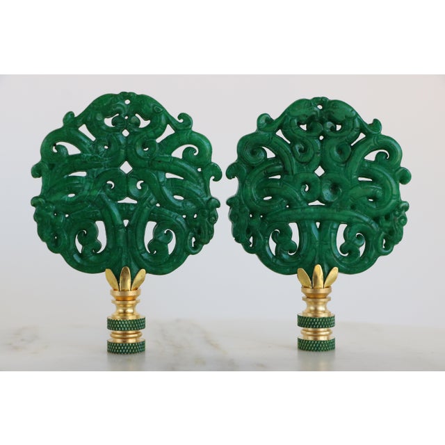 Scrolled Stone Chinoiserie Lamp Finials on Brass Hardware - A Matching Pair For Sale In Madison - Image 6 of 8
