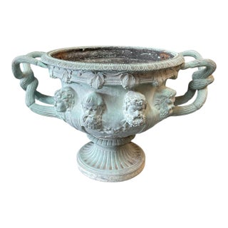 1990s Neoclassical Verdigris Bronze Warwick Style Planter With Bacchic Masks For Sale