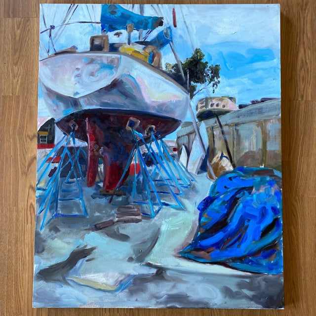 A striking seascape painting of a ship being repaired. This bold piece was created in vibrant acrylic hues on canvas. It’s...