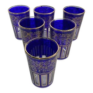 Moroccan Royal Blue Shot Glasses With Gold Moorish Design Set of 6 Barware