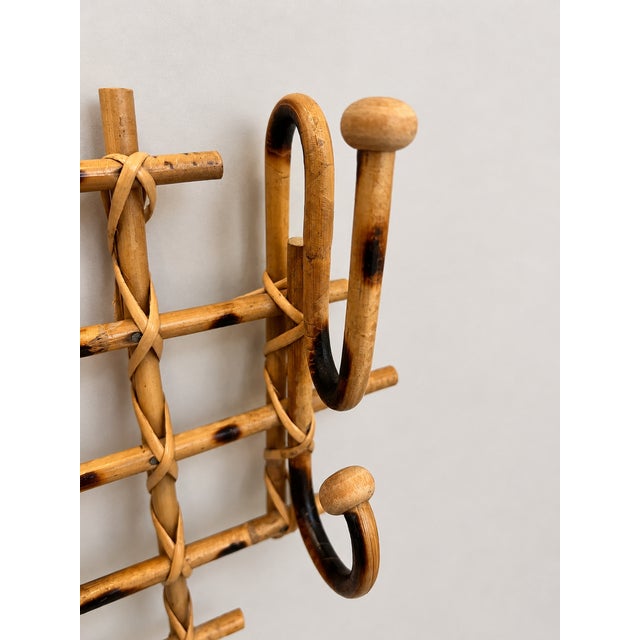 Vintage Burnt Bamboo French Style Wall Coat Rack With 4 Hooks For Sale - Image 4 of 6