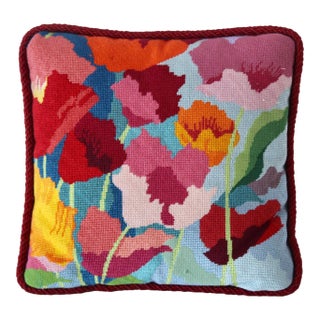 Alice Peterson Style Poppies Needlepoint Tapestry Vibrant Square Pillow Vintage For Sale