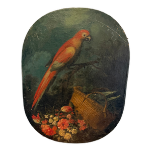 Antique European Still Life of Parrot With Flowers, Oval Panel Painting