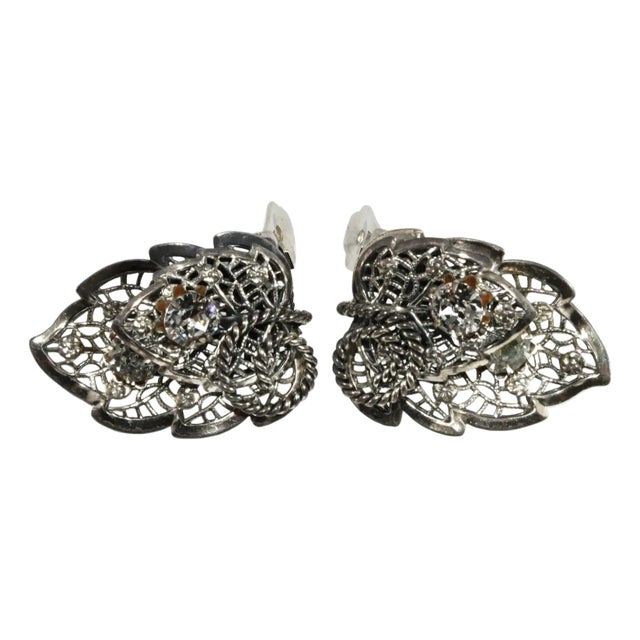 Vintage Napier Filigree Leaf Earrings Clear Rhinestones - 2 Pieces For Sale