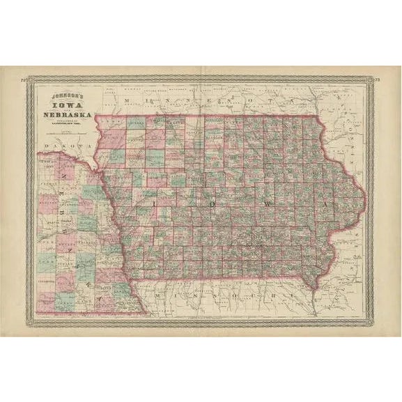 Late 19th Century Antique Map of Iowa and Nebraska by Johnson, 1872 For Sale - Image 5 of 5