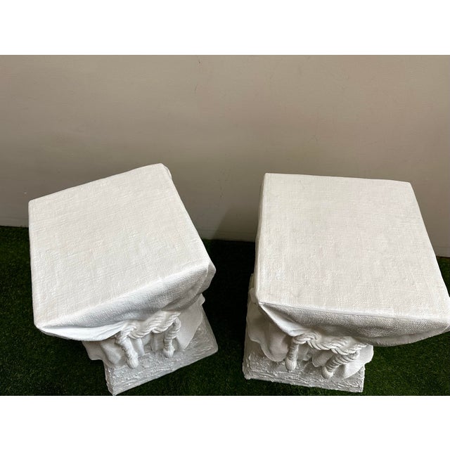 Lane Furniture 1980s Lane Trompe-Loeil White Draped Plaster Pedestal or Garden Stools After John Dickinson- Set of 2 For Sale - Image 4 of 10