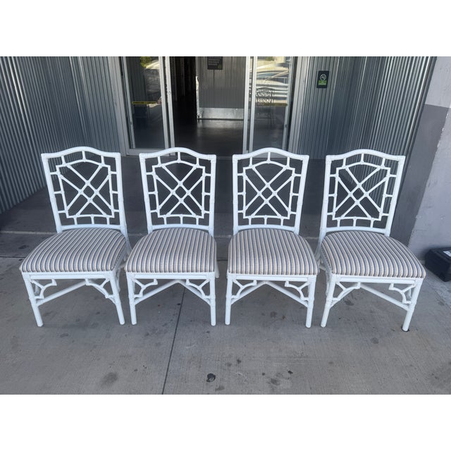 Hollywood Regency Late 20th Century Palm Beach Regency Chinese Chippendale Rattan Chairs With Fat Seats - Set of 4 For Sale - Image 3 of 11