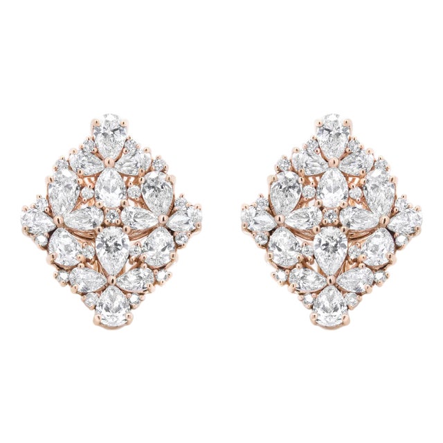18K Rose Gold 8 1/3 Cttw Pear and Round Diamond Floral Cluster Omega Earrings (F-G Color, VS1-VS2 Clarity) For Sale