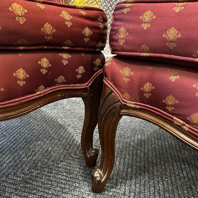 Pair of Antique Mahogany Bergere Chairs Upholstered in Burgundy and Gold Silk For Sale - Image 4 of 7
