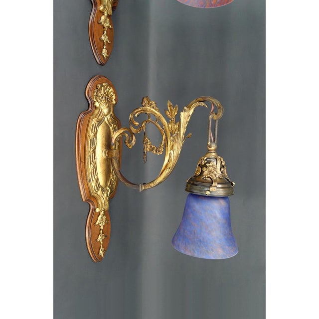 Louis XV Wall Sconces in Walnut Bases and Glass Tulips, 1890s, Set of 2 For Sale - Image 11 of 18