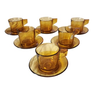Set 6 Mid Century Amber Glass Demitasse Cups Saucers ~ F&p Lavorazione a Mano For Sale