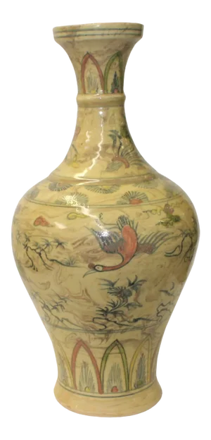 Cream Beige Base Color Flowers Birds Graphic Round Ceramic Vase