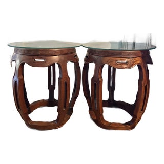 Mid 20th Century Vintage Chinoiserie Hardwood Drum Stools or Tables With Marble and Glass Tops - A Pair For Sale