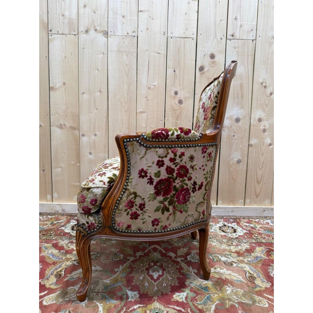 Louis XV Style Bergère Armchair in Cherrywood and Floral Velvet, 1980s For Sale - Image 6 of 7