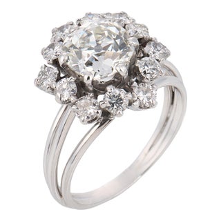 French Mid Century Gia 1.81 Carat Old Mine Diamond 18k White Gold Ring, Size 6 For Sale