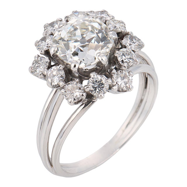 French Mid Century Gia 1.81 Carat Old Mine Diamond 18k White Gold Ring, Size 6 For Sale