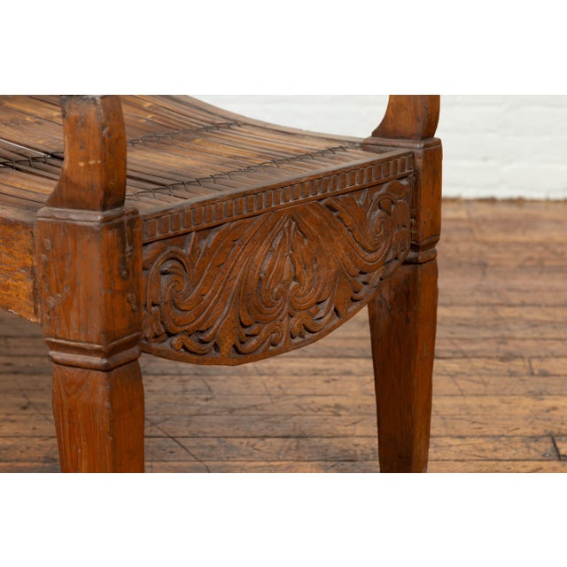 Antique Indonesian Reclining Plantation Chair With Bamboo Slats and Carved Décor For Sale - Image 9 of 10