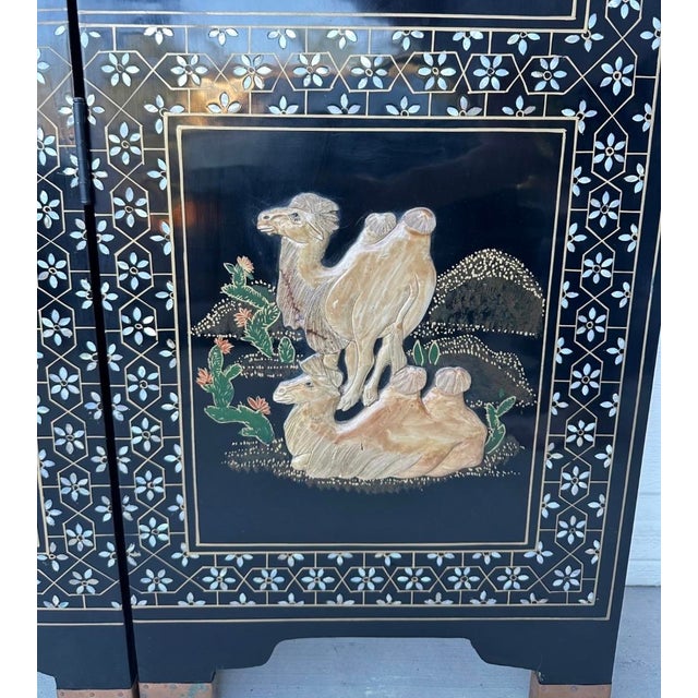 Rare Large 6 Panel Chinese Wild Horses Abalone & Hardstone Inlaid Folding Screen Rare For Sale - Image 13 of 18