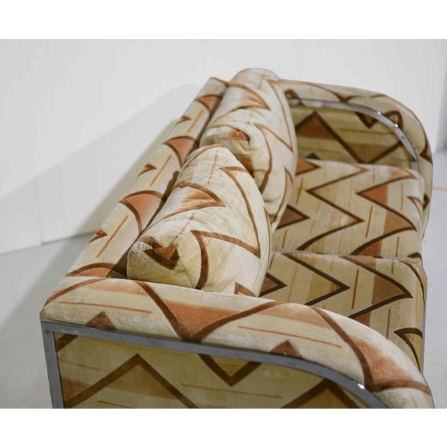 1970s Chrome Frame Sled Base Loveseat Geometric Chevron Upholstery For Sale - Image 11 of 14