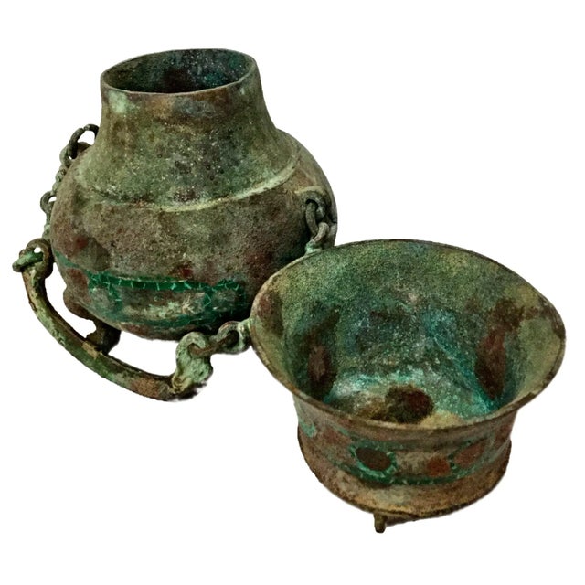 Antique Bronze Eastern Asia Wine Pot With Cup For Sale - Image 4 of 12