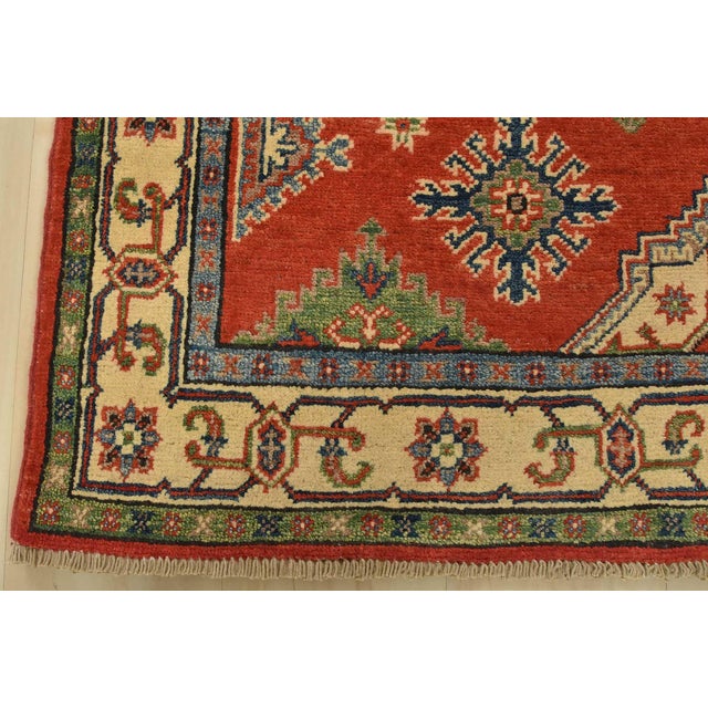 Kazak Rug 4′ X 6’2” Red Wool Tribal Hand-Knotted Oriental Carpet For Sale - Image 9 of 12