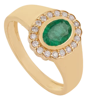 Vintage-Inspired Oval Emerald Diamond Halo Signet Ring Size 6 in 14k Yellow Gold