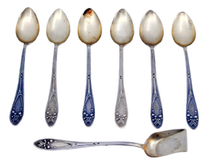 Silver Coffee Spoons and Sugar Shovel with Golden Shells and Embossed Handles, Set of 6
