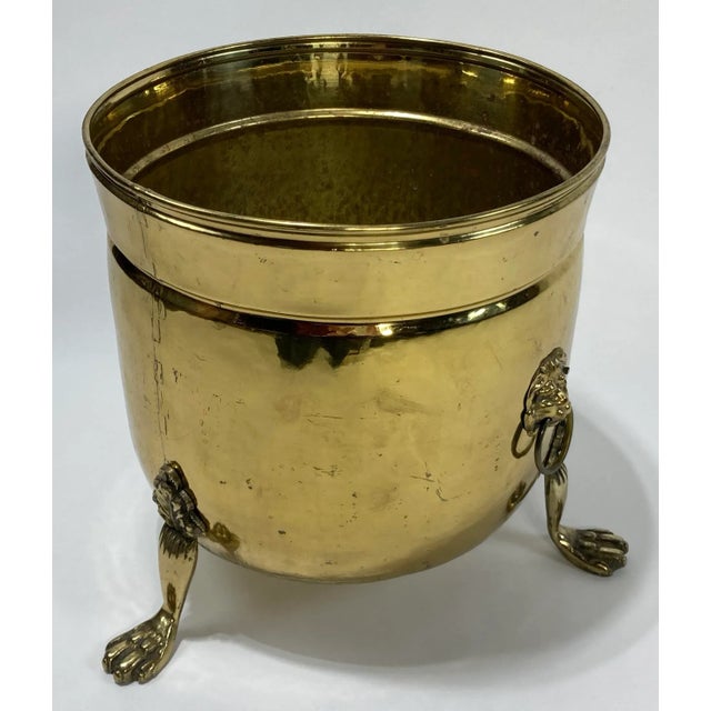 English Vintage English Brass Lion Handle Footed Cachepot Planter For Sale - Image 3 of 11