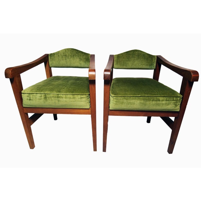 Amsterdam School Armchairs with Green Velvet Upholstery and Wooden Frames, 1930s, Set of 2 For Sale - Image 6 of 6