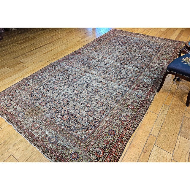 Persian 19th Century Persian Farahan Gallery Rug, Hand-Knotted Wool, Allover Herati Pattern, Navy & Pistachio Green, 7x13 For Sale - Image 3 of 14