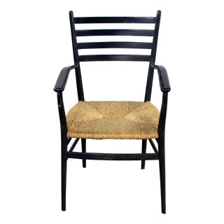 Mid-20th Century Italian MCM Ladderback Armchair Black Frame With Rush Seat Manner of Gio Ponti For Sale