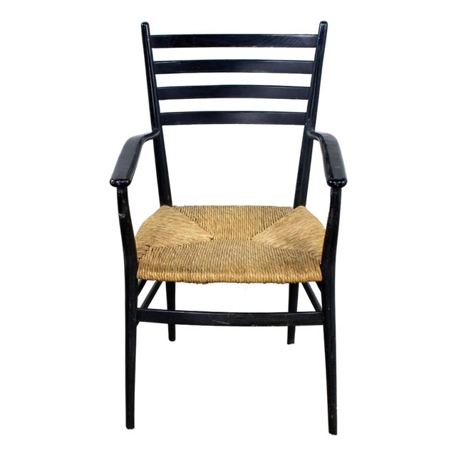 Mid-20th Century Italian MCM Ladderback Armchair Black Frame With Rush Seat Manner of Gio Ponti For Sale