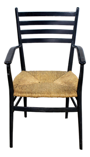 Mid-20th Century Italian MCM Ladderback Armchair Black Frame With Rush Seat Manner of Gio Ponti