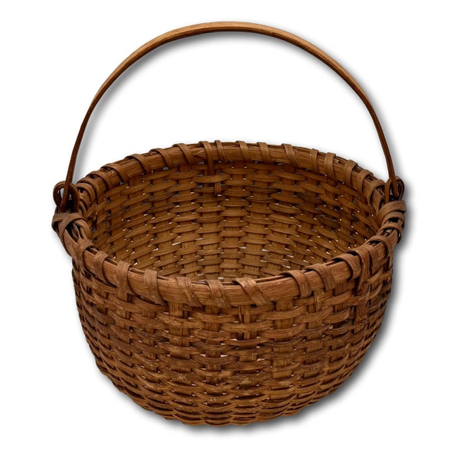 Antique Late 19th Century American Hand Woven Ash Wood Splint Swing Handle Carry Basket - Nice Color & Patina For Sale - Image 13 of 18